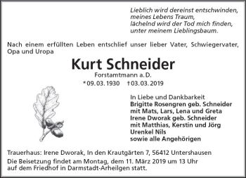 Traueranzeige von Kurt Schneider von vrm-trauer
