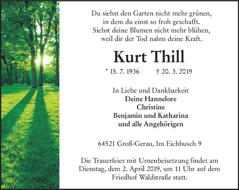  Traueranzeige für Kurt Thill vom 30.03.2019 aus vrm-trauer