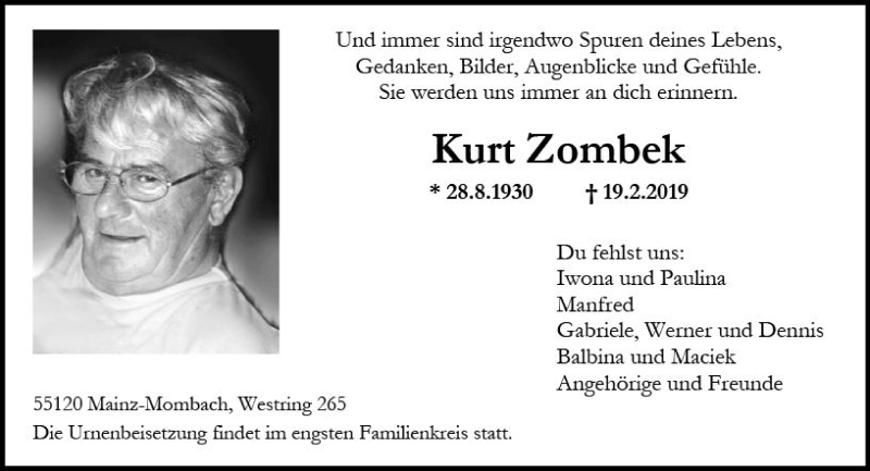  Traueranzeige für Kurt Zombek vom 02.03.2019 aus vrm-trauer