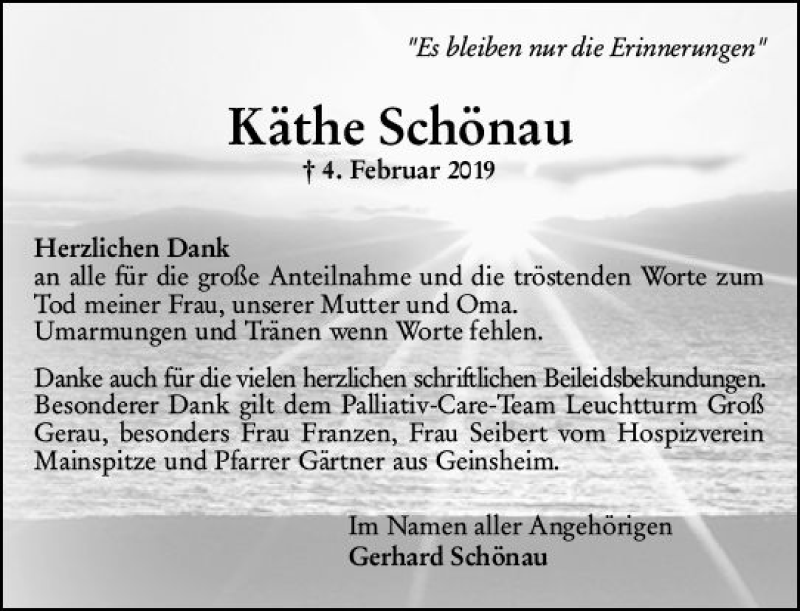  Traueranzeige für Käthe Schönau vom 16.03.2019 aus vrm-trauer
