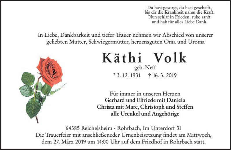 Traueranzeige für Käthi Volk vom 23.03.2019 aus vrm-trauer