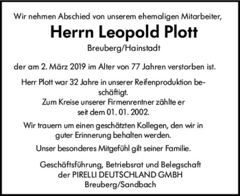 Traueranzeige von Leopold Plott von vrm-trauer