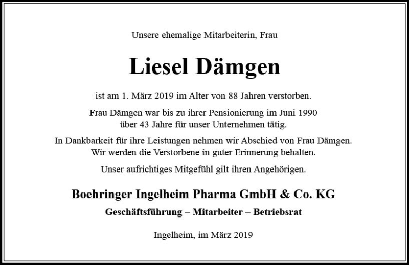  Traueranzeige für Liesel Dämgen vom 08.03.2019 aus vrm-trauer