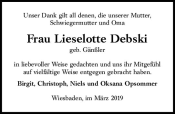 Traueranzeige von Lieselotte Debski von vrm-trauer