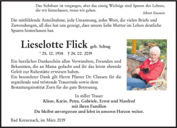 Traueranzeige von Lieselotte Flick von vrm-trauer