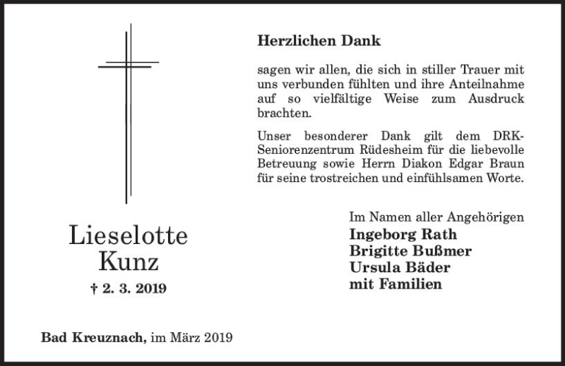  Traueranzeige für Lieselotte Kunz vom 30.03.2019 aus vrm-trauer