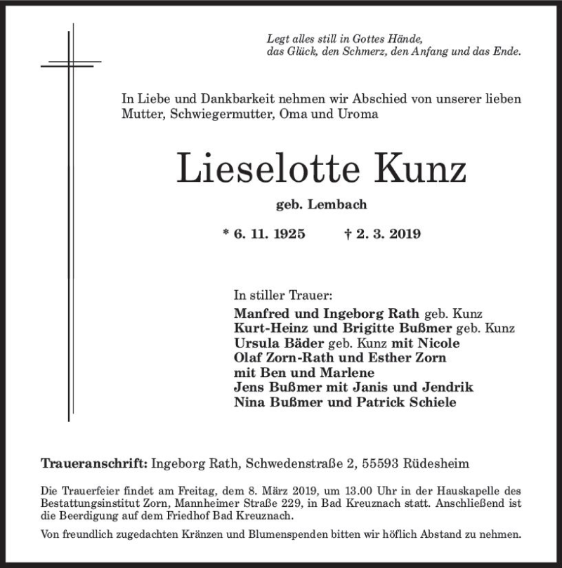  Traueranzeige für Lieselotte Kunz vom 06.03.2019 aus vrm-trauer