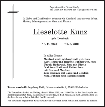 Traueranzeige von Lieselotte Kunz von vrm-trauer