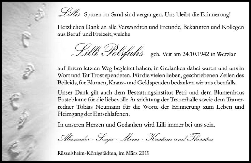  Traueranzeige für Lilli Polsfuhs vom 23.03.2019 aus vrm-trauer