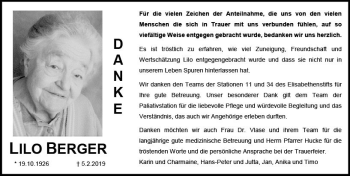 Traueranzeige von Lilo Berger von vrm-trauer