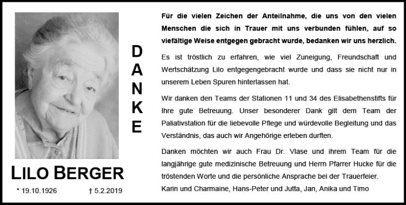  Traueranzeige für Lilo Berger vom 02.03.2019 aus vrm-trauer