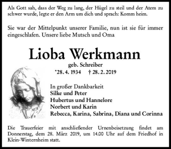 Traueranzeige von Lioba Werkmann von vrm-trauer
