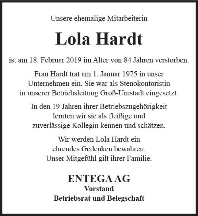  Traueranzeige für Lola Hardt vom 02.03.2019 aus vrm-trauer