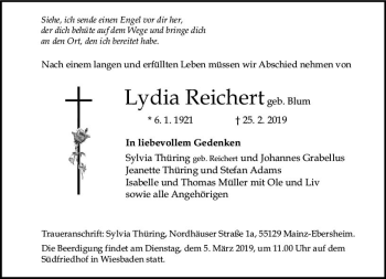 Traueranzeige von Lydia Reichert von vrm-trauer