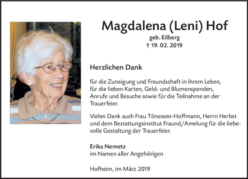  Traueranzeige für Magdalena Leni Hof vom 16.03.2019 aus vrm-trauer