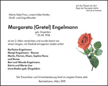 Traueranzeige von Margareta Engelmann von vrm-trauer