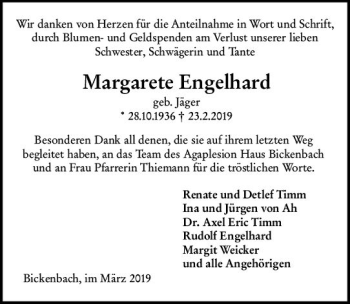 Traueranzeige von Margarete Engelhard von vrm-trauer