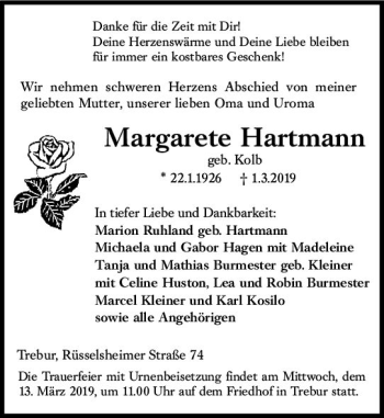 Traueranzeige von Margarete Hartmann von vrm-trauer