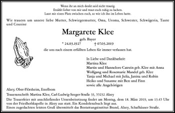 Traueranzeige von Margarete Klee von vrm-trauer