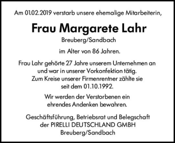 Traueranzeige von Margarete Lahr von vrm-trauer