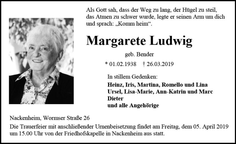  Traueranzeige für Margarete Ludwig vom 30.03.2019 aus vrm-trauer