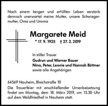 Traueranzeige von Margarete Meid von vrm-trauer