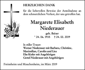Traueranzeige von Margarete Niederauer von vrm-trauer