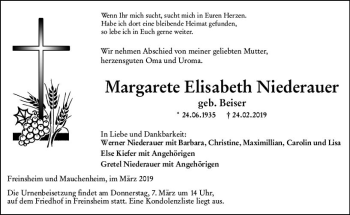 Traueranzeige von Margarete Elisabeth Niederauer von vrm-trauer