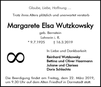 Traueranzeige von Margarete Elsa Wutzkowsky von vrm-trauer