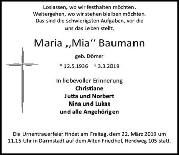 Traueranzeige von Maria Mia Baumann von vrm-trauer