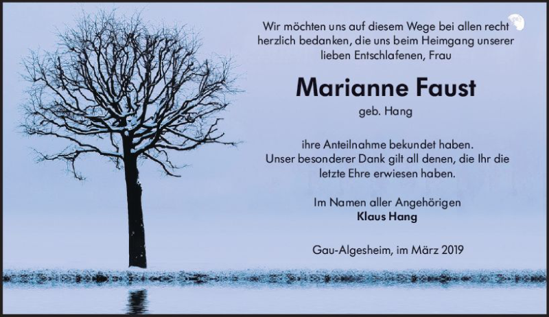  Traueranzeige für Marianne Faust vom 09.03.2019 aus vrm-trauer
