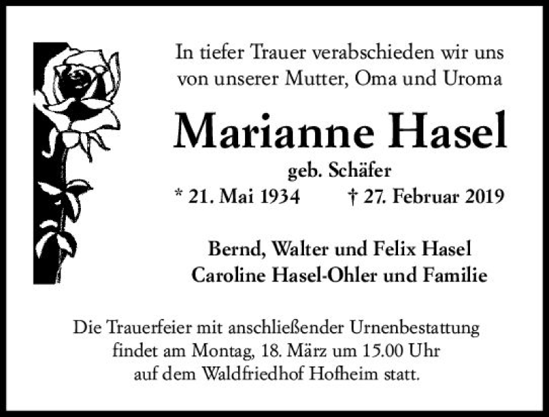  Traueranzeige für Marianne Hasel vom 15.03.2019 aus vrm-trauer