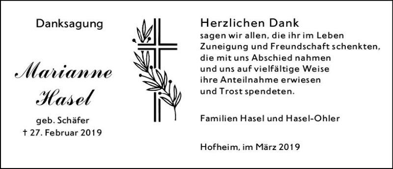  Traueranzeige für Marianne Hasel vom 29.03.2019 aus vrm-trauer