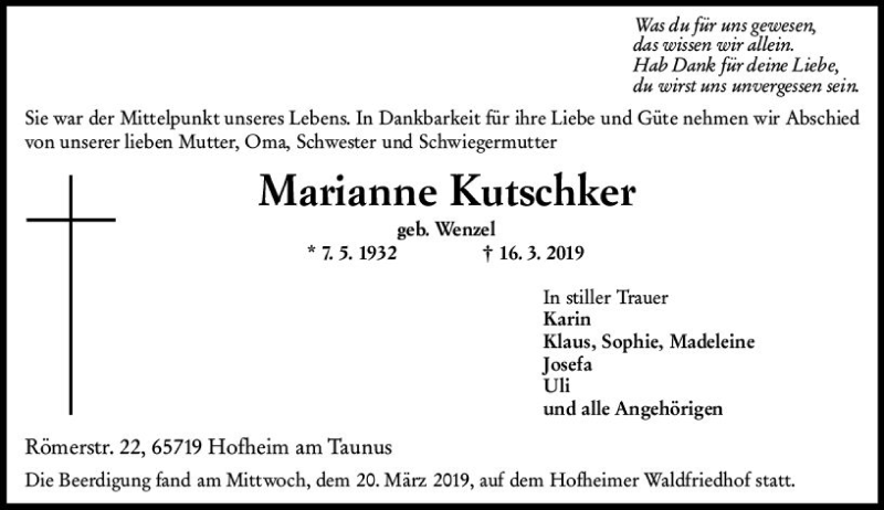  Traueranzeige für Marianne Kutschker vom 22.03.2019 aus vrm-trauer