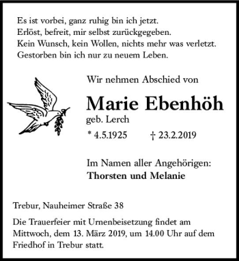 Traueranzeige von Marie Ebenhöh von vrm-trauer