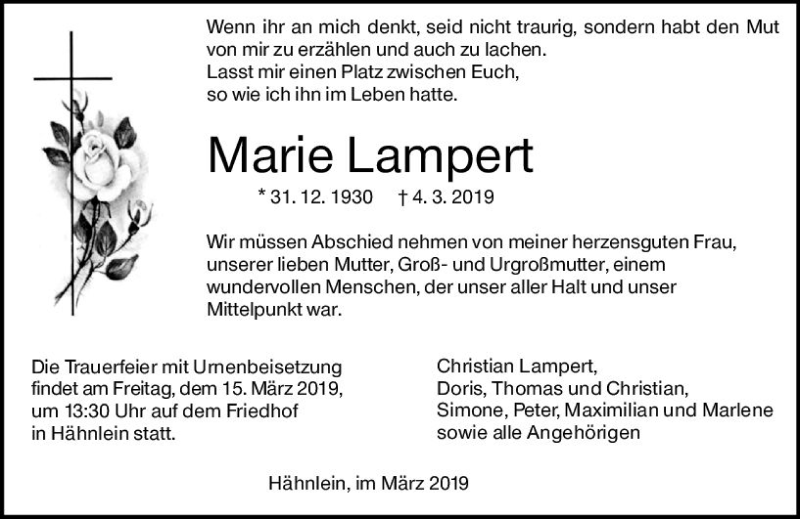 Traueranzeige für Marie Lampert vom 09.03.2019 aus vrm-trauer