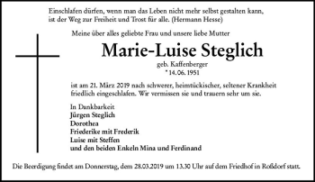 Traueranzeige von Marie-Luise Steglich von vrm-trauer