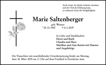 Traueranzeige von Marie Saltenberger von vrm-trauer
