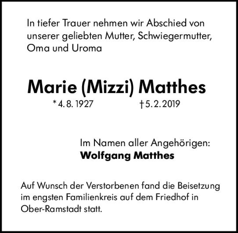  Traueranzeige für Marie Mizzi Matthes vom 02.03.2019 aus vrm-trauer