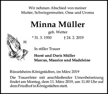 Traueranzeige von Minna Müller von vrm-trauer