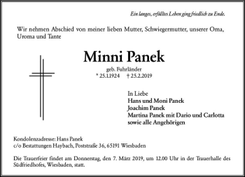 Traueranzeige von Minni Panek von vrm-trauer