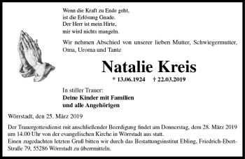 Traueranzeige von Natalie Kreis von vrm-trauer