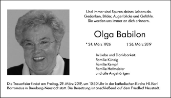 Traueranzeige von Olga Babilon von vrm-trauer