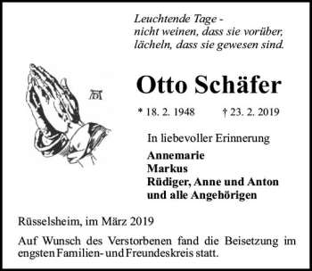 Traueranzeige von Otto Schäfer von vrm-trauer