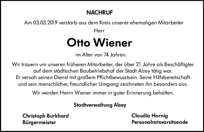  Traueranzeige für Otto Wiener vom 07.03.2019 aus vrm-trauer