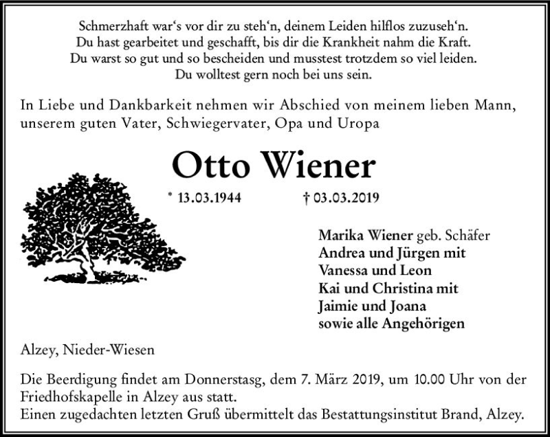  Traueranzeige für Otto Wiener vom 05.03.2019 aus vrm-trauer
