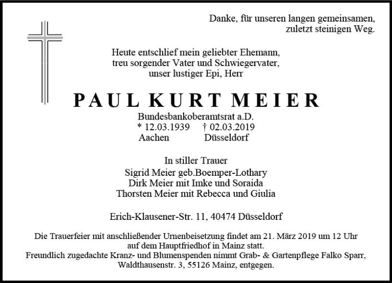  Traueranzeige für Paul Kurt Meier vom 16.03.2019 aus vrm-trauer
