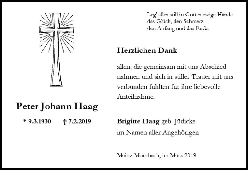  Traueranzeige für Peter Johann Haag vom 09.03.2019 aus vrm-trauer