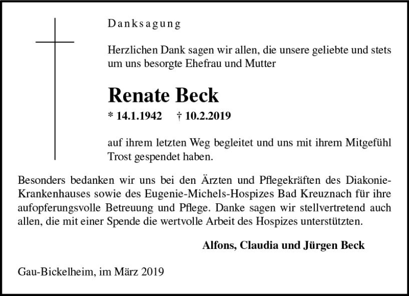  Traueranzeige für Renate Beck vom 22.03.2019 aus vrm-trauer