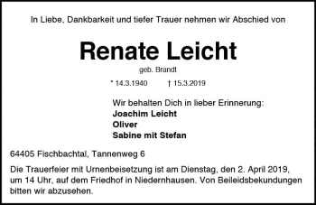 Traueranzeige von Renate Leicht von vrm-trauer
